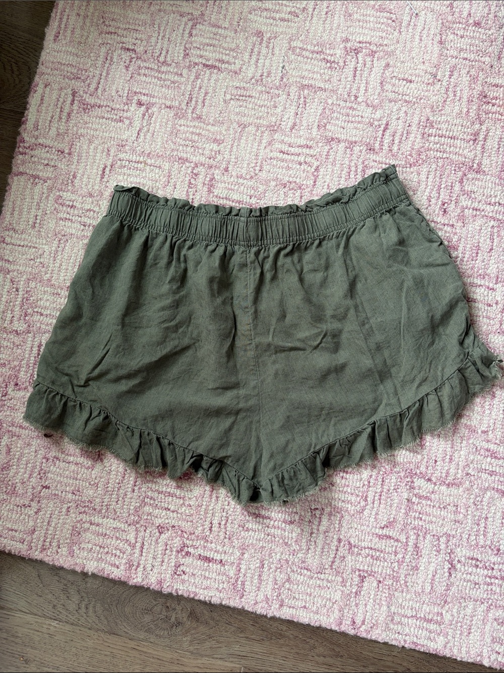 aerie Olive High-Waist Ruffle-Hem Shorts
